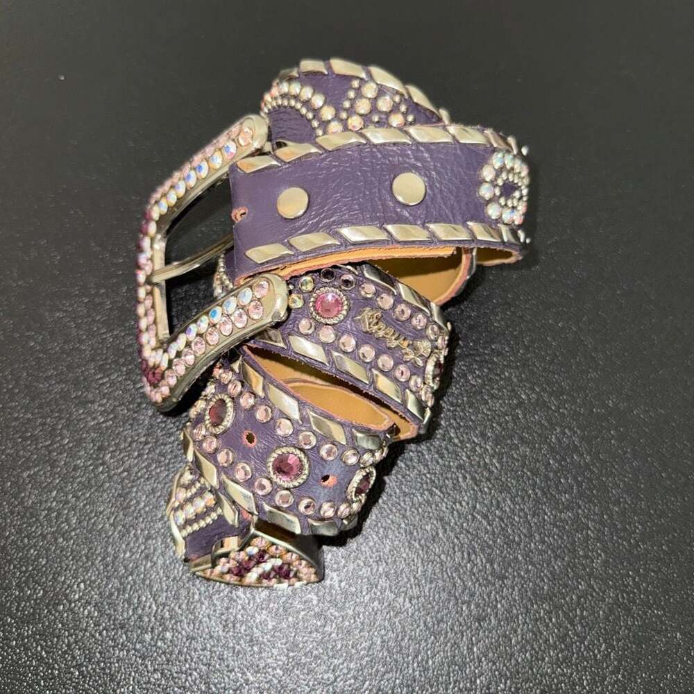 Vintage Kippy's Purple Leather Swarovski Crystal Western Belt Size 32
